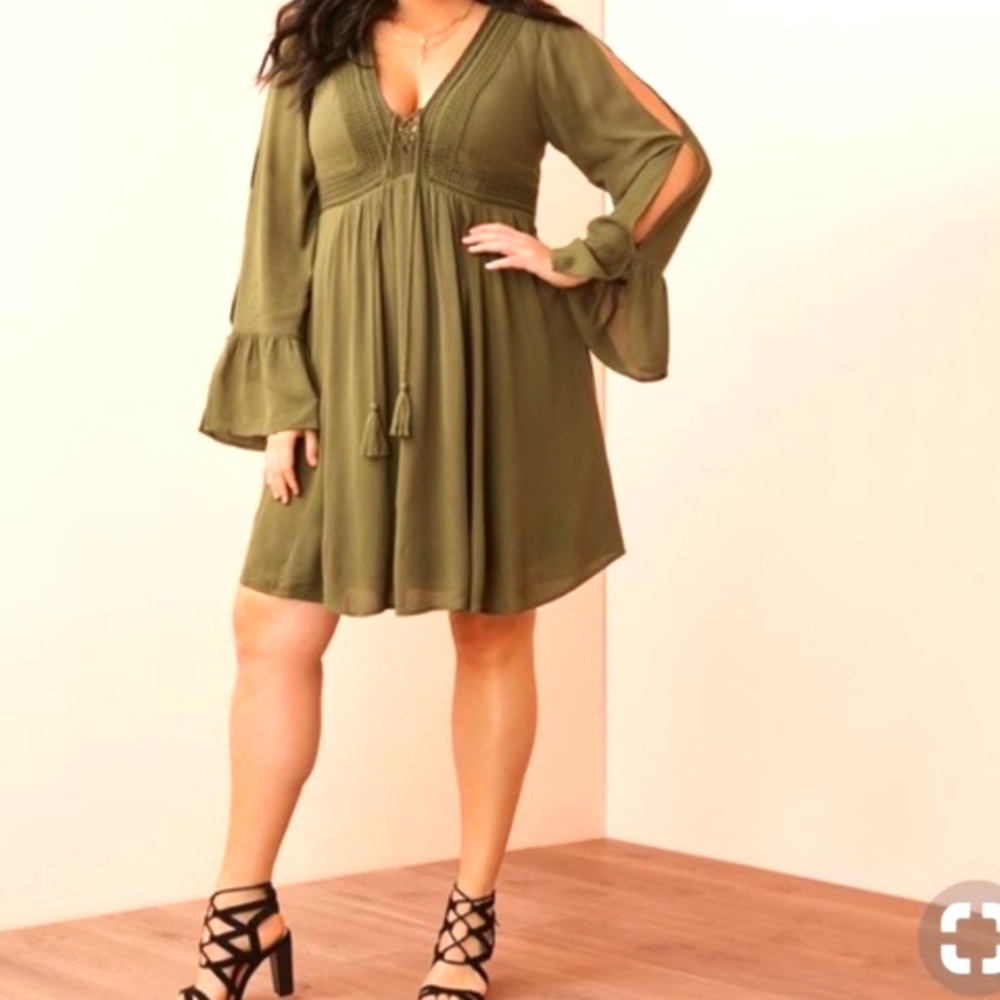 Olive Lace up Gauze Skater Dress